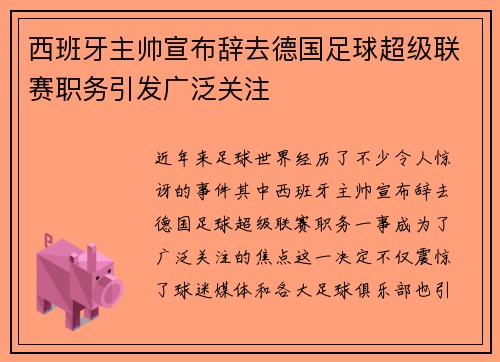 西班牙主帅宣布辞去德国足球超级联赛职务引发广泛关注