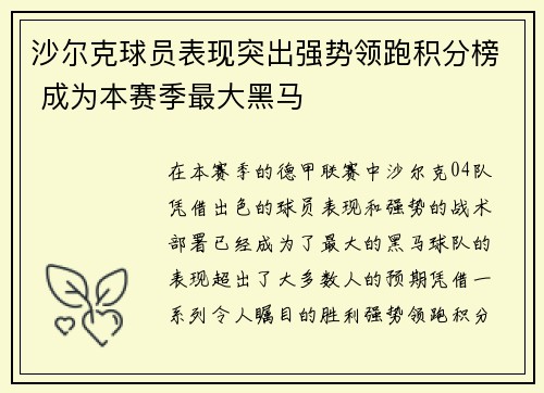 沙尔克球员表现突出强势领跑积分榜 成为本赛季最大黑马